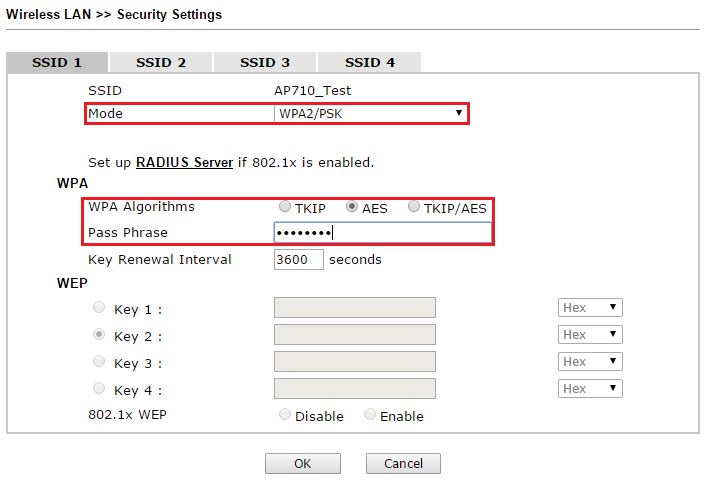 Using WPA2/PSK for security settings